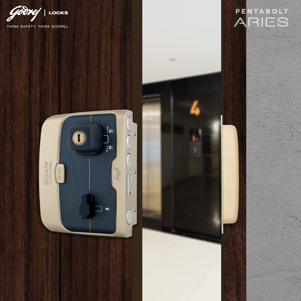 Godrej Rim Lock I Pentabolt Aries 3KS I 5 Bolts I 2C Deadbolt I For Inside Opening Door | LeftorRight Handed Doors I 4 Keys I 15-Year Warranty I Manual Locking I Vegas Gold Finish